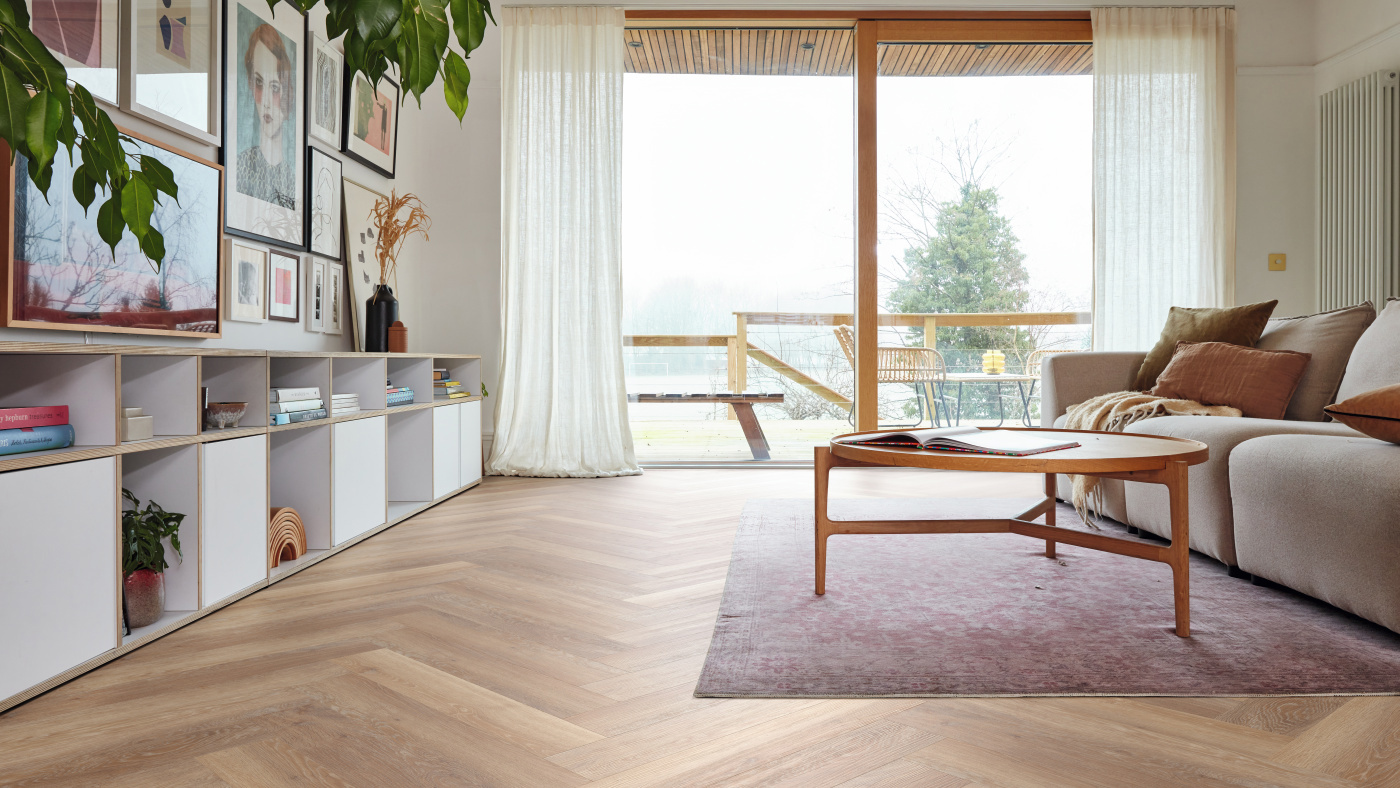 Pale Limed Oak Knight Tile Rubens KP94 in a herringbone pattern in a living room