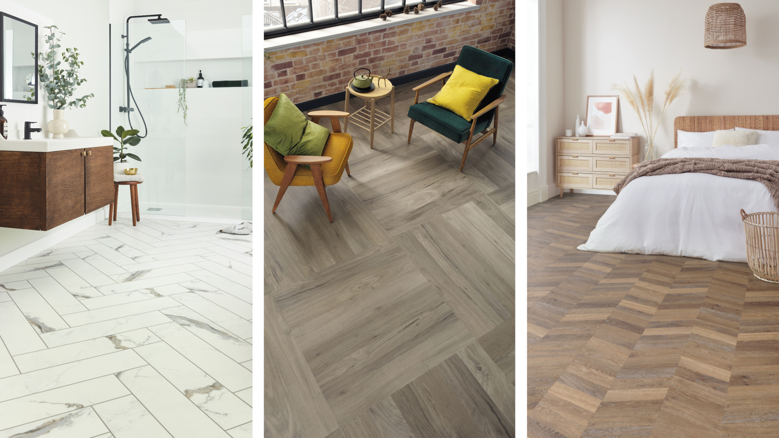 Brunella Marble SM-RKT3013-G in a herringbone pattern, Bleached Grey Walnut WP329 in a block pattern, and Mid Limed Oak CH-KP96 in a chevron pattern