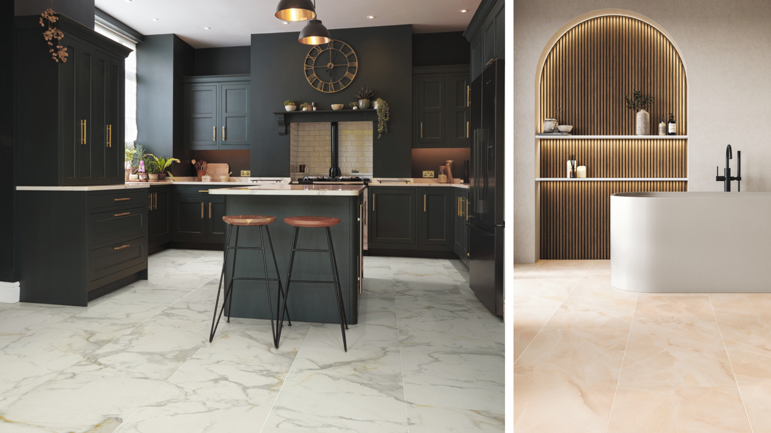 Calacatta d'Oro (LM33 | AKT-LM33) floors in a kitchen; Rose Onyx (LM36 | AKT-LM36 floors in a bathroom