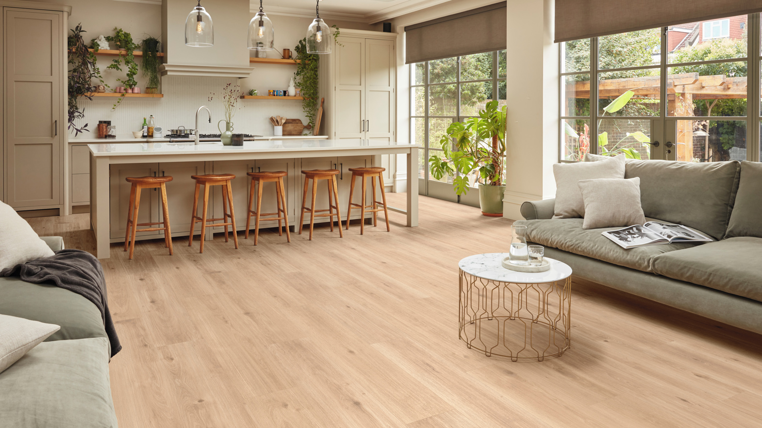 Open plan kitchen and living room with Nude Danish Oak LLP358 floors 