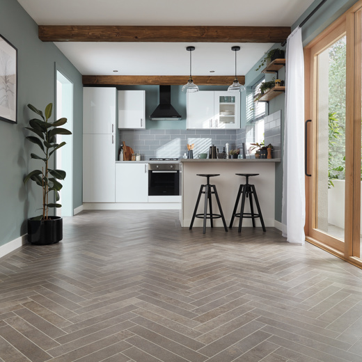 Fumo SM-SP216 in a herringbone pattern in a light blue kitchen Opus